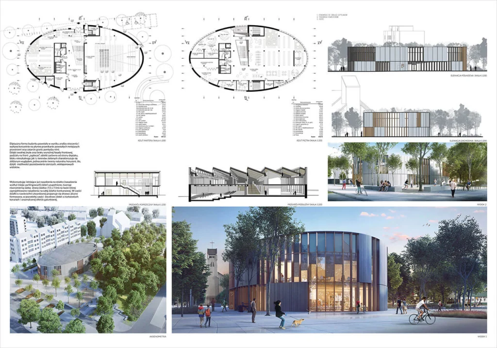 Plansza projektowa biblioteki z rzutami parteru i piętra w formie elipsy, przekrojami, elewacjami północną i zachodnią oraz wizualizacjami placu przed wejściem i widokiem z lotu ptaka.