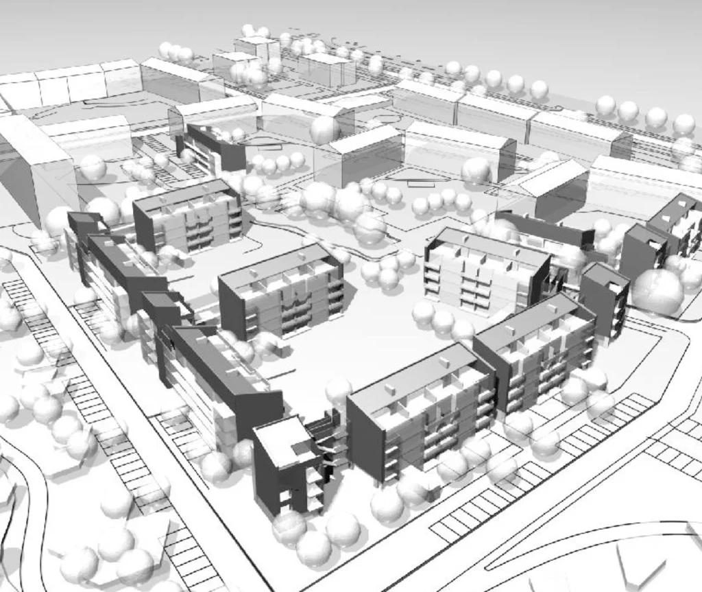 Model bryłowy całego założenia urbanistycznego w Kristianstad w aksonometrii — zgrupowane wokół dziedzińców budynki mieszkalne, drogi dojazdowe i drzewa oznaczone jako białe kule.