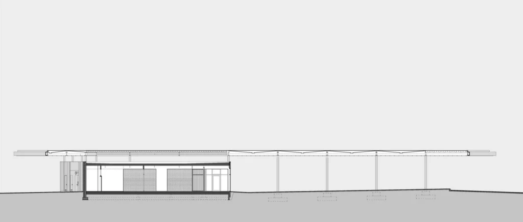 Rysunek architektoniczny — przekrój przez dworzec pokazujący smukłą konstrukcję zadaszenia wspartą na słupach nad peronami i budynkiem obsługi.