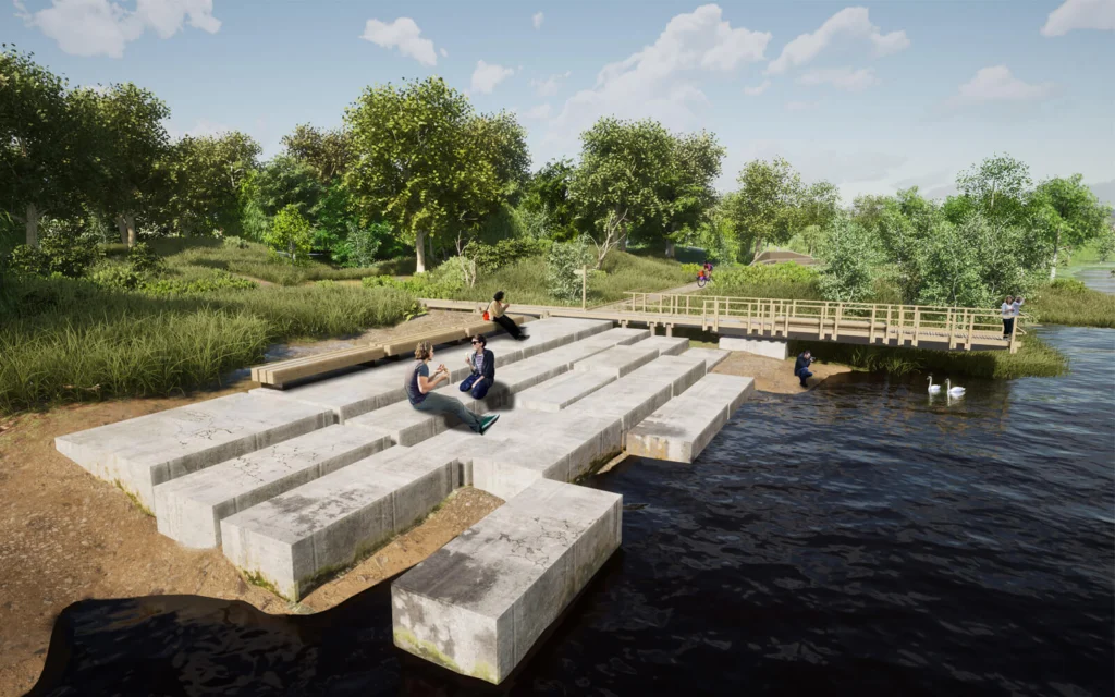 Wizualizacja tarasowych schodów betonowych schodzących do wody z drewnianym pomostem, odpoczywającymi ludźmi i łabędziami pływającymi przy brzegu.