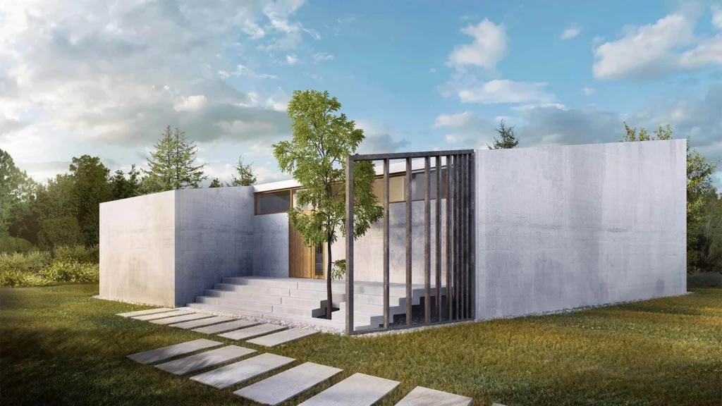 Wejście do domu z prefabrykatów żelbetowych — drewniane drzwi osłonięte pionową stalową przesłoną, drzewo rosnące przy schodach wejściowych i kamienna ścieżka na trawniku.