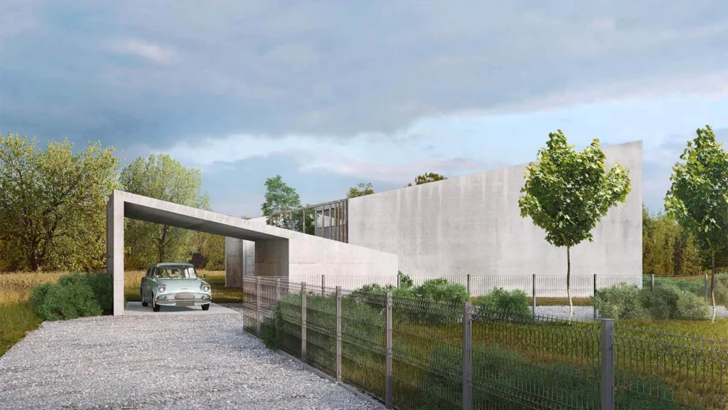 Wizualizacja domu w Ursynowie — betonowa wiata garażowa nad żwirowym podjazdem z zabytkowym samochodem, żelbetowa bryła budynku w tle otoczona zielenią i siatkowym ogrodzeniem.